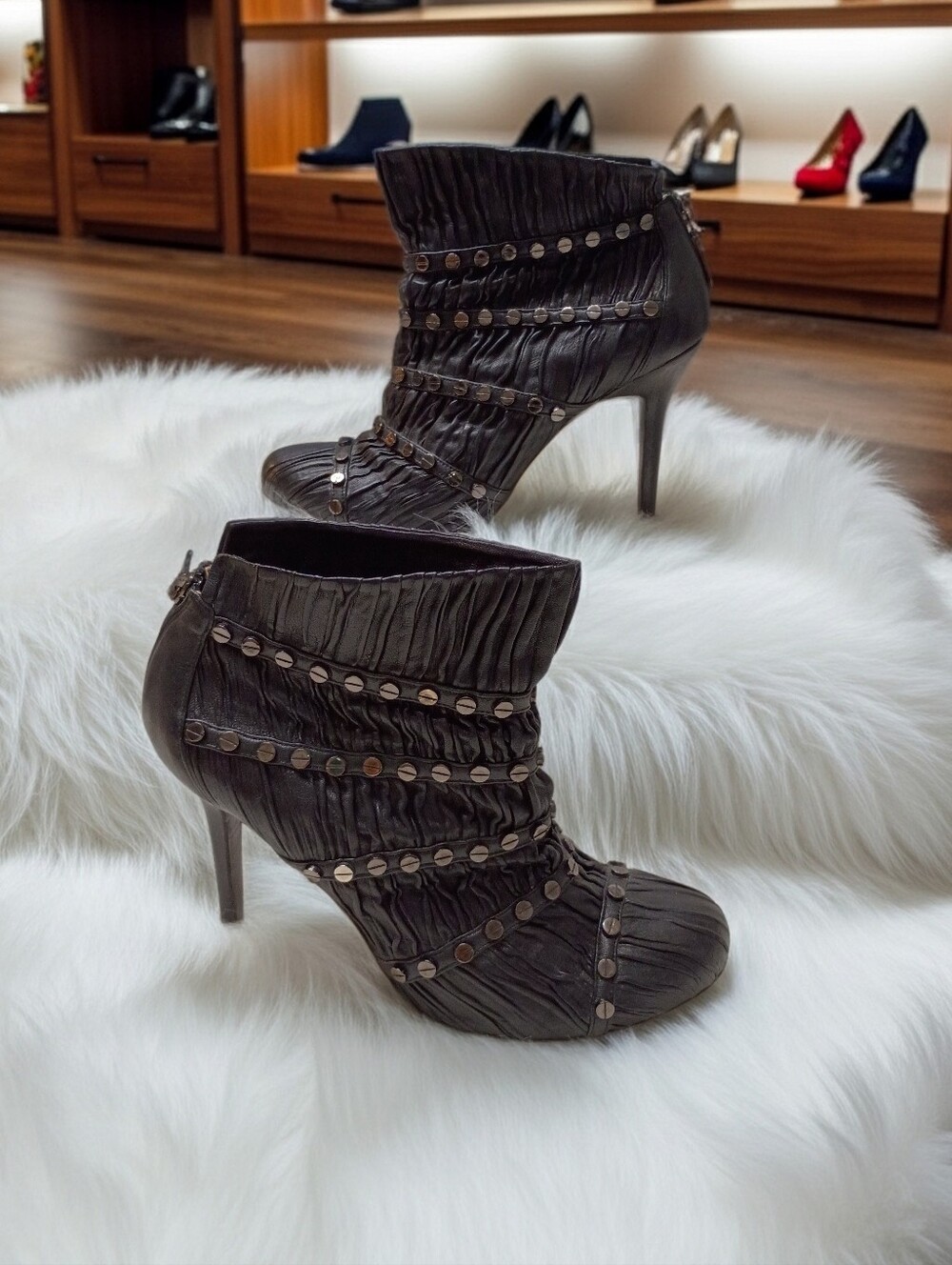 Daniele Michetti Black Leather Silver Studded Ruched Ankle Booties - 39